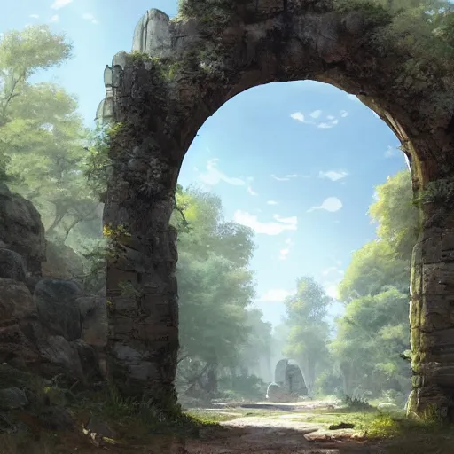 Image similar to concept art painting of a single free standing ancient stone archway, in the woods, realistic, detailed, cel shaded, in the style of makoto shinkai and greg rutkowski and james gurney