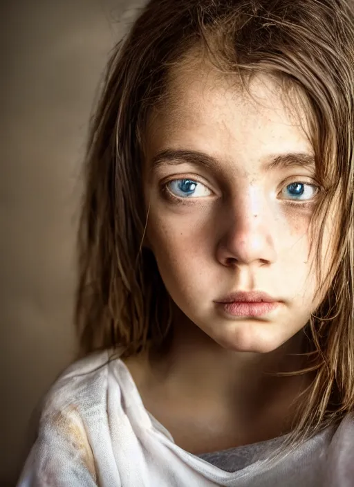 Image similar to photographic Close-up face of a extremely beautiful girl with clear eyes and light brown hair , high light on the left, non-illuminated backdrop, illuminated by a dramatic light, Low key lighting, light dark, High constrast, dramatic , Steve Mccurry, Lee Jeffries , Norman Rockwell, Craig Mulins ,dark background, high quality, photo-realistic, 8K,