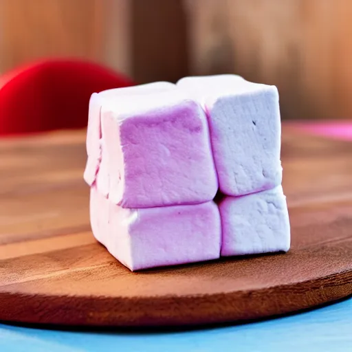 Image similar to photograph of a delicious marshmallow cube with sprinkles on a dark wooden chopping board, pastel colours, professional food photography, photorealistic, depth of field, 4 k, canon 1 d, bohek