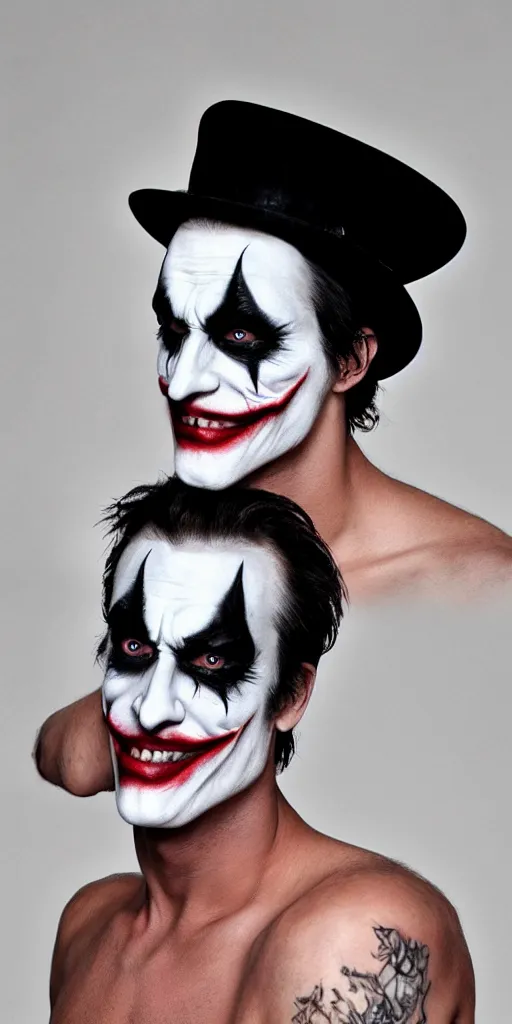 Image similar to a male model wearing a black leather hat in joker makeup, frontal view, cool looking