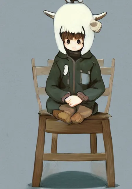 Image similar to beautiful little boy wearing sheep suit using a smartphone while sitting on chair, gray, blue, green and brown pallet color. made in abyss art style, inspired in kris from deltarrune, cute detailed artwork, anatomically correct, soft details, ilya kuvshinov, reflection