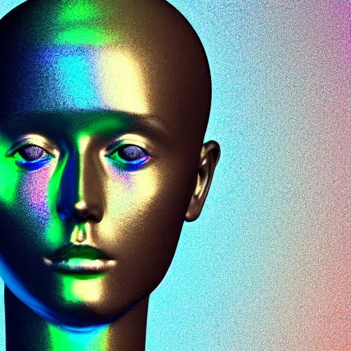 Image similar to 3d render of holographic human robotic head made of glossy iridescent, surrealistic 3d illustration of a human face non-binary, non binary model, 3d model human, cryengine, made of holographic texture, holographic material, holographic rainbow, concept of cyborg and artificial intelligence