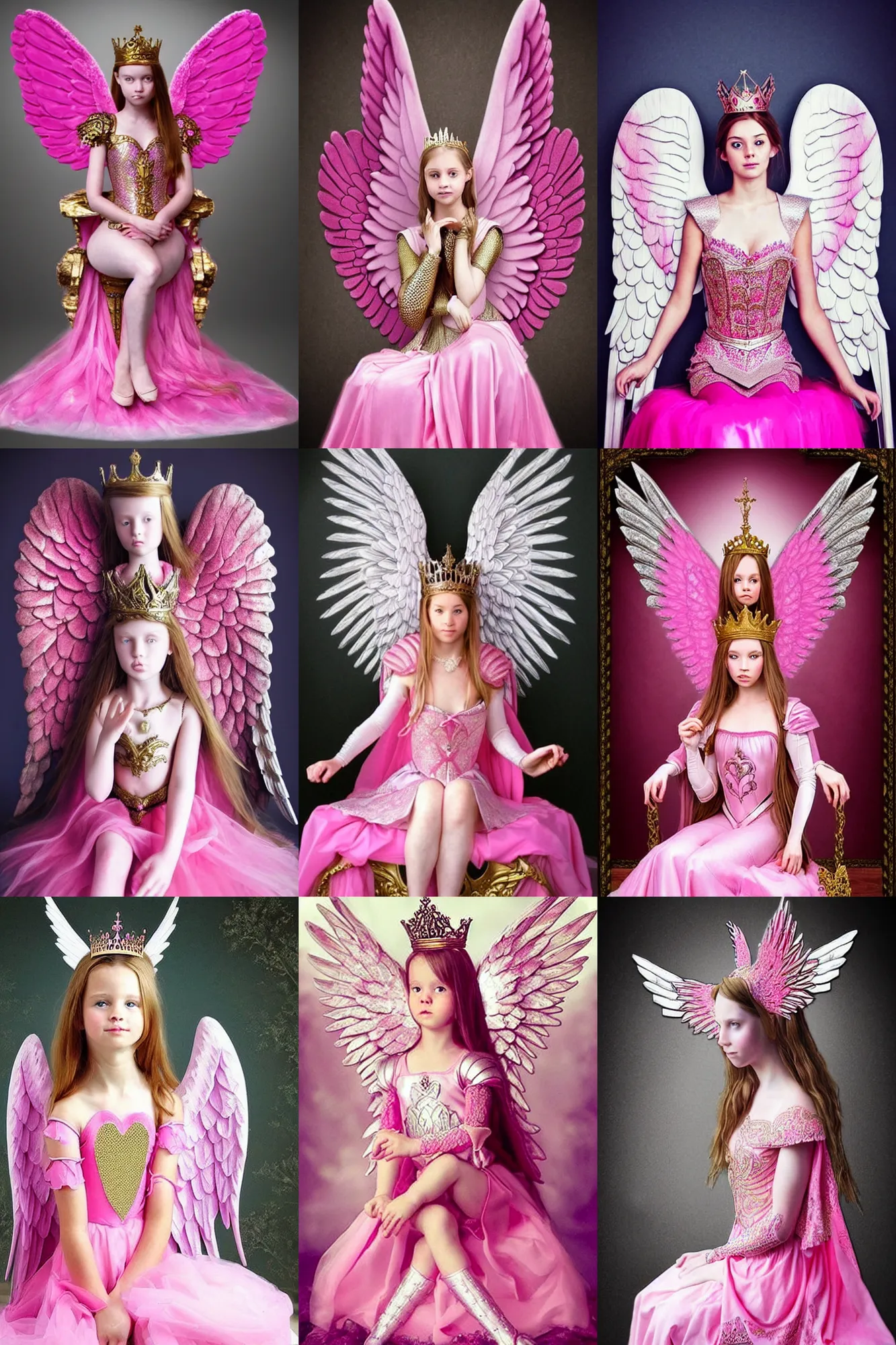 Prompt: gorgeous!! hyper - realistic princess wearing ornate pink knight armor, angel wings l sitting at the thrown | superflat