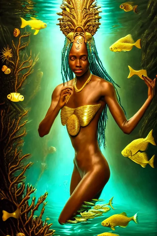 Prompt: hyperrealistic neoclassical cinematic underwater scene with fish and algae, very expressive! bioluminescent african goddess, full body, gold jewerly, highly detailed face, digital art masterpiece, eric zener cam de leon, volumetric light, long shot, low angle uhd 8 k, sharp focus