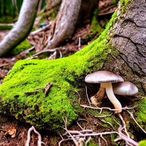 Image similar to mushrooms growing from cracks in a fractured skull, mossy, in the forest