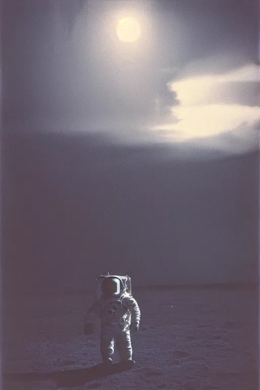 Prompt: vintage analog photograph of an astronaut during the first moon landing, with gigantic clouds visible in the sky, heavy film grain, neon lights, rain red color bleed, rich azure tones