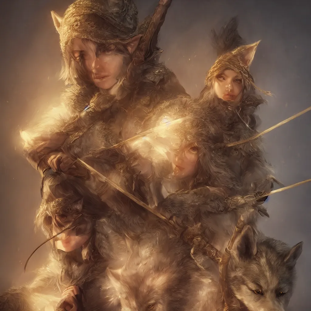 Image similar to Photorealistic fantasy portrait of one single female D&D elf ranger holding a longbow. A pet wolf. Magical occult photorealism, UHD, amazing depth, glowing, golden ratio, 3D octane cycle unreal engine 5, volumetric lighting, cinematic lighting, cgstation artstation concept art