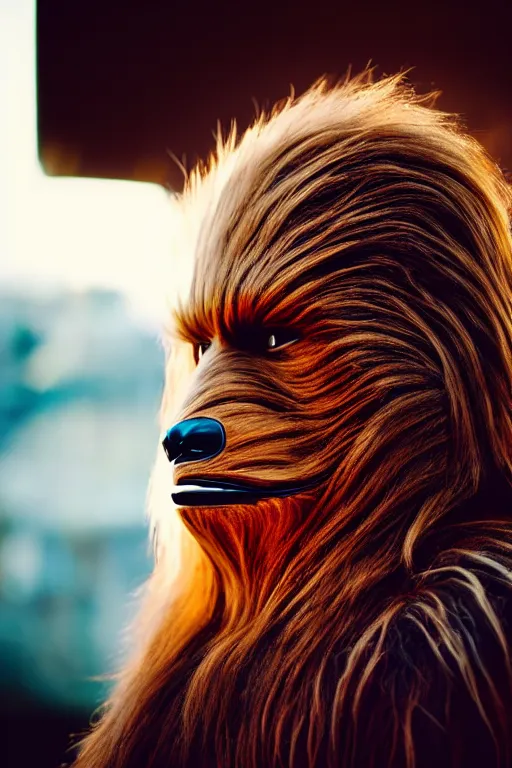 Prompt: photographic portrait of chewbacca with a balding head, cinematic photography, 35mm, evening light