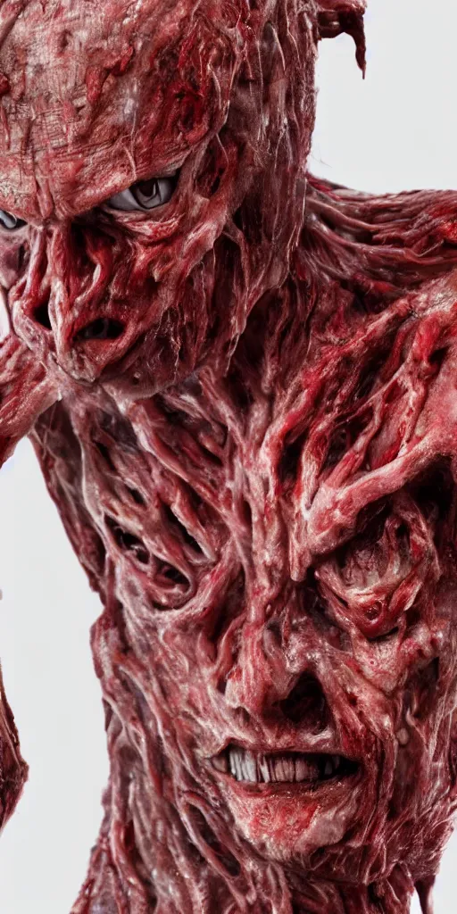 Image similar to photorealistic ultra detailed humanoid creature made of decomposed bloody flesh flesh, the woods, night, extremly detailed, 8 k, realistic, sharp focus, cosmic horror creature, cosmic horror, from the movie the thing, mysterious creature, bloody eyes