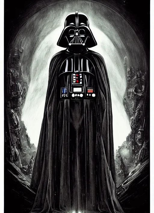Image similar to side shot of platonic ideal star wars, malignant dieselpunk and god complex dementor wild hunt chtulu nazgul mandelbulb fantasy, ego death, detailed, darth vader, intricate, volumetric lighting, hyperrealism, intense, scary, decay, artgerm, davinci, ralph mcquarrie, alphonse mucha, empire symbol,
