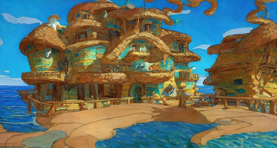 Image similar to house made of seashells, by moebius, joaquin sorolla, in the style of zelda windwaker