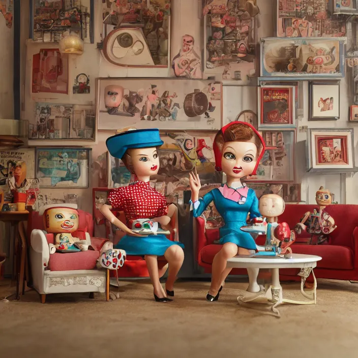 Image similar to portrait of a retro 1 9 5 0 s tin toy living room, depth of field, zeiss lens, detailed, symmetrical, centered, fashion photoshoot, by nicoletta ceccoli, mark ryden, lostfish, breathtaking, 8 k resolution, extremely detailed, beautiful, establishing shot, artistic, hyperrealistic, octane render