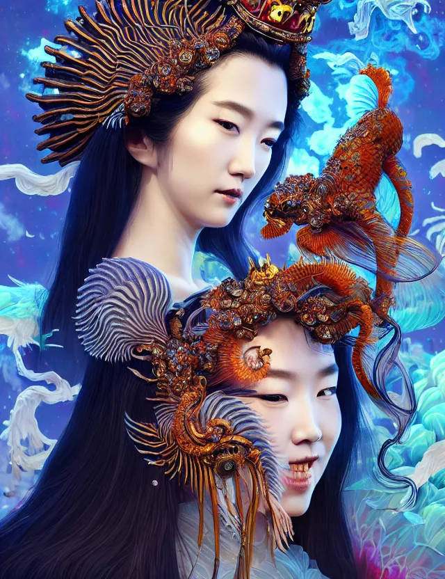 Image similar to 3 d goddess close - up profile portrait with crown, ram skull. beautiful intricately detailed japanese crow kitsune mask and clasical japanese kimono. betta fish, jellyfish phoenix, bio - luminescent, plasma, ice, water, wind, creature, artwork by tooth wu and wlop and beeple and greg rutkowski