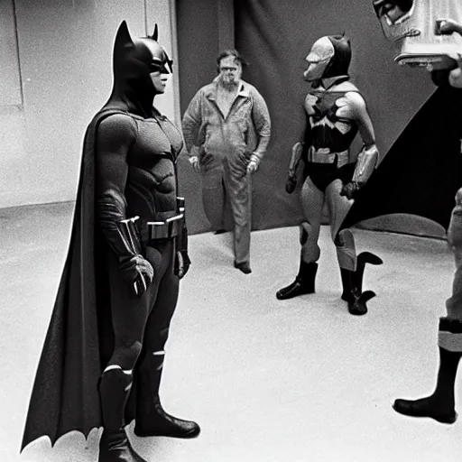 Prompt: Hollywood Legend Knute Hudson prepares to take a leap of faith as Batman, on the set of Justice League, 1983, directed by George Lucas