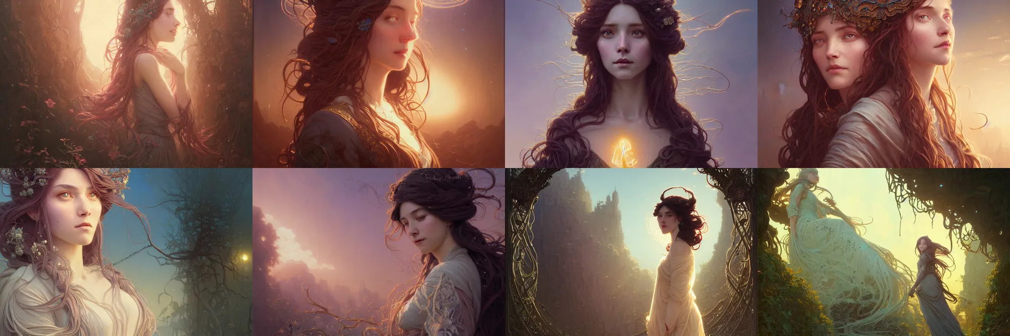 Image similar to highly detailed portrait of a woman with long hairs, stephen bliss, unreal engine, fantasy art by greg rutkowski, art nouveau, loish, rhads, ferdinand knab, makoto shinkai and lois van baarle, ilya kuvshinov, rossdraws, tom bagshaw, alphonse mucha, global illumination, radiant light, detailed and intricate environment