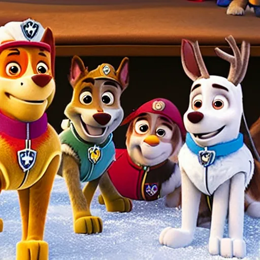 Image similar to paw patrol as real life human characters in the movie frozen, furry, photorealistic, cinematic, 3 5 mm