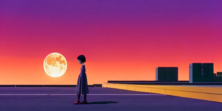 Image similar to an immaculate isometric cinematic keyframe matte painting of the silhouette of a young japanese girl standing in a wide sleek empty street 1 9 7 0 s vaporwave rust belt city at dusk with an oversized moon, just after the rain has cleared. by eric lafforgue, glennray tutor and edward hopper, greg rutkowski. trending on artstation.