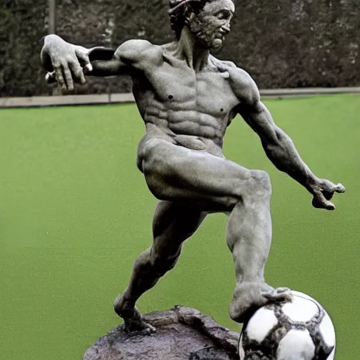 Image similar to a photorealistic image of michelangelo's sculpture of david playing football