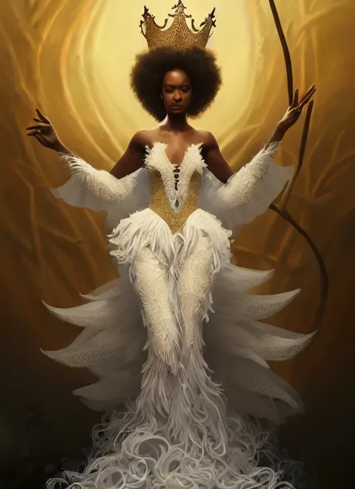 Image similar to full body portrait of beautiful black woman as the swan queen, glowing crown, beautiful flowy feathered gown, intricate white lilies, beautiful baroque lace detail, highly detailed, digital painting, artstation, concept art, smooth, sharp focus, illustration, art by wlop, mars ravelo and greg rutkowski