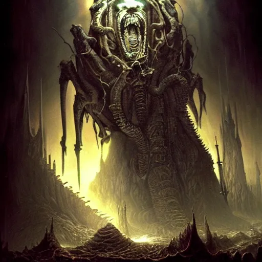 Image similar to chtulhu attacks, atmospheric lighting, painted, intricate, volumetric light, ultra detailed by giger