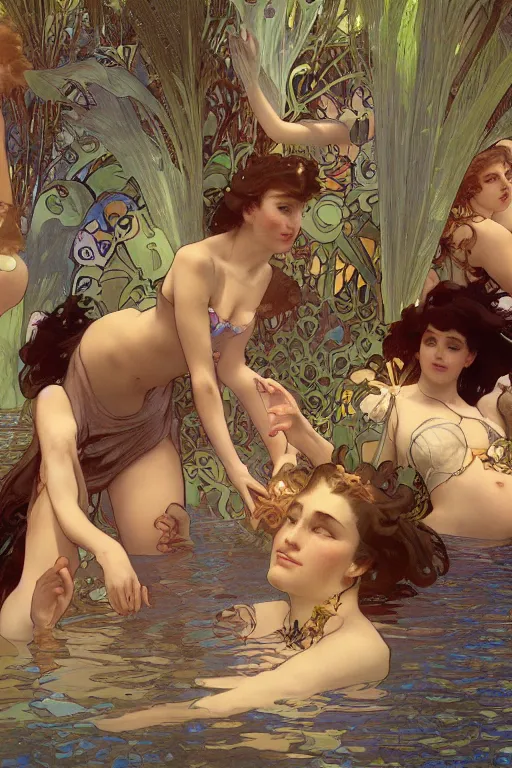 Image similar to summer swimming party, dark fantasy, composition by alphonse mucha, octane render