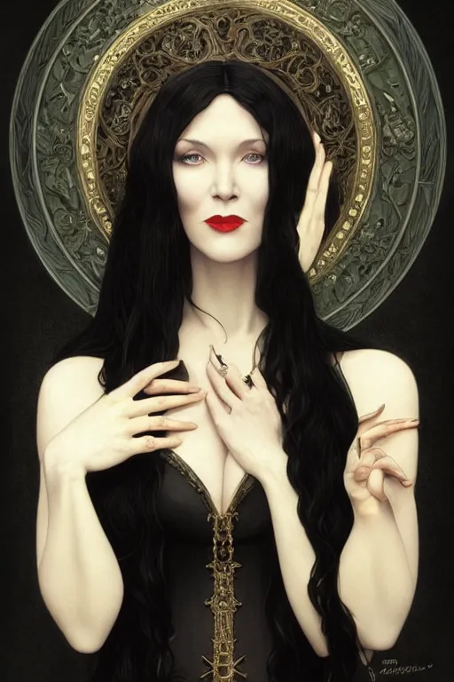 Image similar to catherine o'hara as morticia addams, masterpiece, intricate, elegant, highly detailed, digital painting, artstation, concept art, smooth, sharp focus, illustration, art by artgerm and greg rutkowski and alphonse mucha and uang guangjian and gil elvgren and sachin teng, symmetry!!