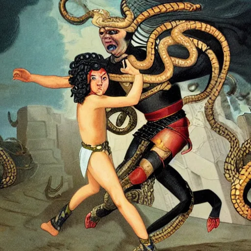 Image similar to Medusa The Queen Of Snake Castle fighting A young warrior who wants to take her down.