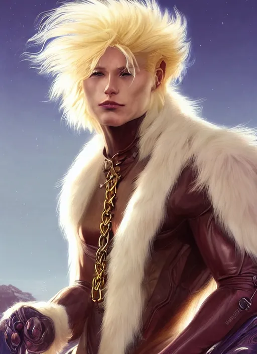 Image similar to aesthetic portrait commission of a of a male fully furry muscular anthro albino lion wearing attractive gay leather harness with a tail and a beautiful attractive hyperdetailed face at golden hour, safe for work (SFW). Character design by charlie bowater, ross tran, artgerm, and makoto shinkai, detailed, inked, western comic book art, 2021 award winning film poster painting