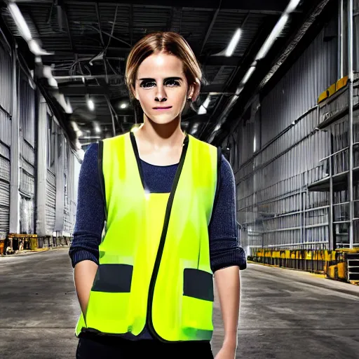 Image similar to photo, close up, emma watson in a hi vis vest, in amazon warehouse, portrait, point and shoot camera, backlit,