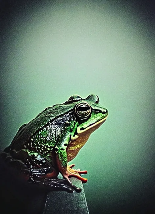 Image similar to “semitranslucent smiling frog amphibian vertically hovering over misty lake waters in crucifix pose, low angle, long cinematic shot by Andrei Tarkovsky, paranormal, eerie, mystical”