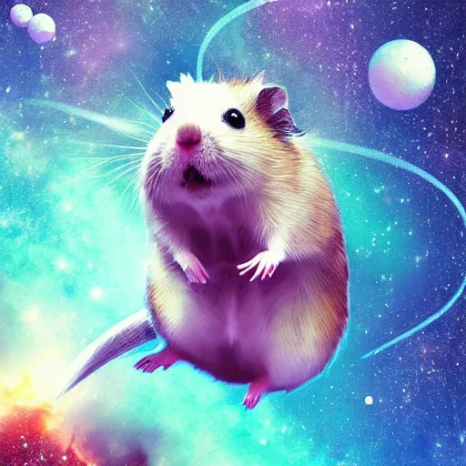 Prompt: Epic digital art of cute hamster flying in galaxy, the best on ArtStation, cinematic, detalied, high quality, profesional, 8k, CGSociety,