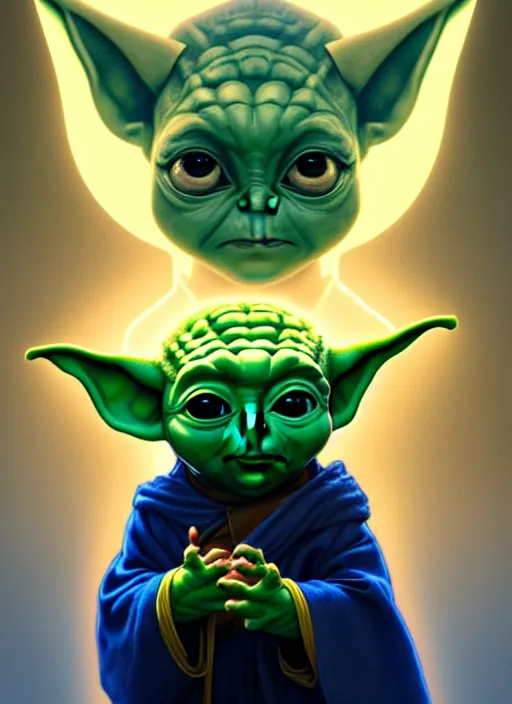 Image similar to symmetry!! portrait of baby yoda, sci - fi, tech wear, blue and yellow glowing lights!! intricate, elegant, highly detailed, digital painting, artstation, concept art, smooth, sharp focus, illustration, art by artgerm and greg rutkowski and alphonse mucha