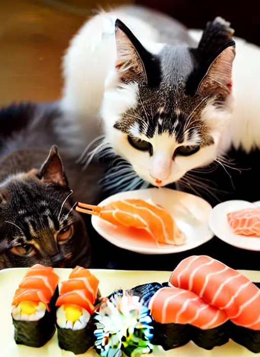 Prompt: clear photorealistic picture of adorable cats eating made out of sushi