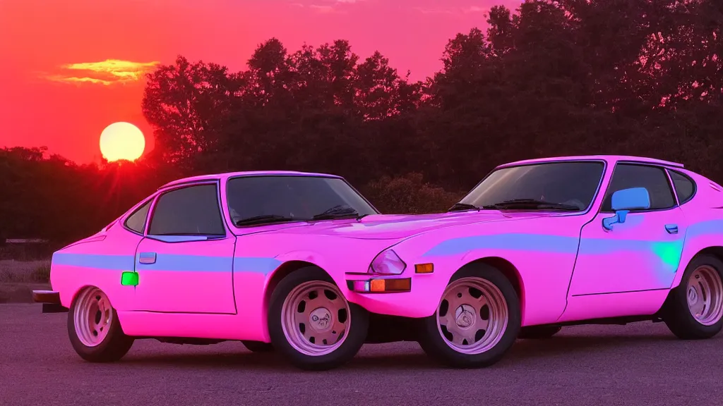 Image similar to neon synthwave datsun 4 2 0 z, at sunset, 8 k. filling most of the view