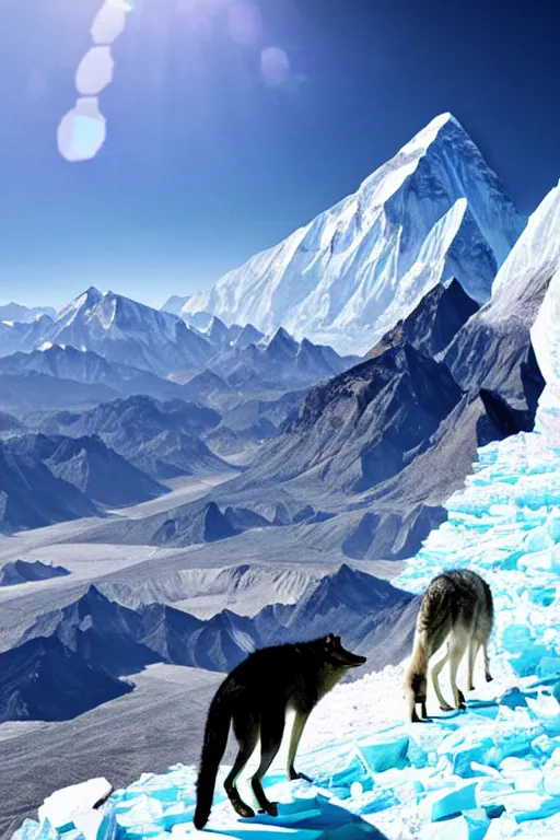Image similar to vitalik buterin mountain climbing everest with wolves in pijamas