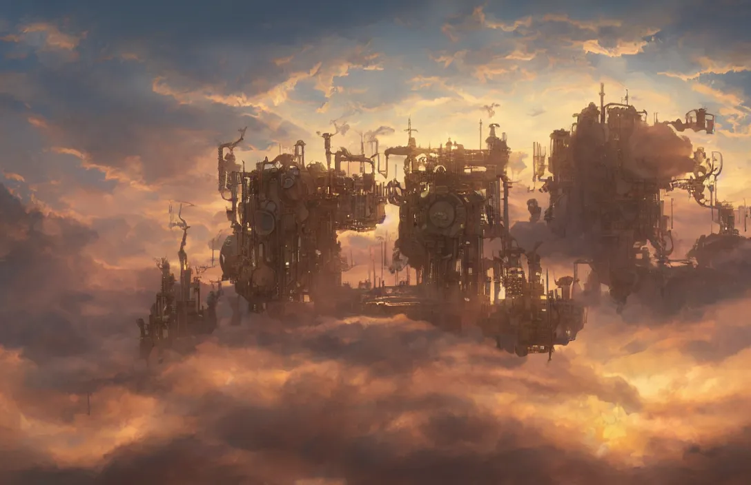 Prompt: Giant steampunk brass habitats floating above the clouds at sunset, vibrant digital concept art painting by greg rutkowsky and Santeri Soininen, trending on artstation