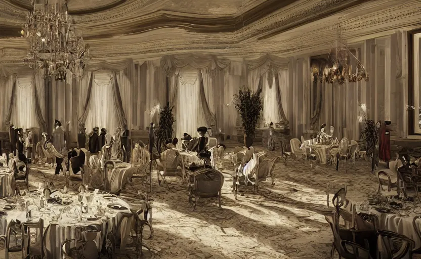 Image similar to realist digital painting of a 1 9 2 0 s grand party in a beautiful mansion, many partygoers, strong contrast, unreal engine, hyper realism, realistic shading, cinematic composition, realistic render, octane render, detailed textures, photorealistic, ultrawide shot, 3 5 mm film