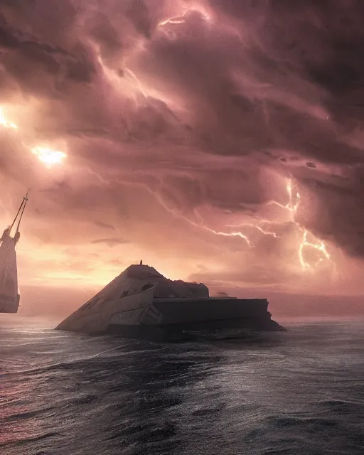 Image similar to scifi action scene of a fishing boat on stormy seas, a very large star destroyer spaceship flying overhead, the very large star destroyer spaceship is emerging from storm clouds, sunset lighting, stormy weather, dramatic lighting, unreal engine, hyper realism, realistic shading, cinematic composition, realistic render, octane render, detailed textures, photorealistic, ultrawide shot, 1 6 mm lens