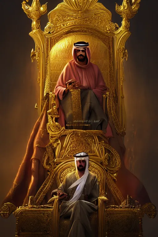 Prompt: portrait, Sultan of arabia on his golden throne, dynamic lighting, volumetric, bokeh, cinematic, establishing shot, extremly high detail, photo realistic, cinematic lighting, post processed, concept art, artstation, matte painting, style by eddie mendoza, raphael lacoste, alex ross