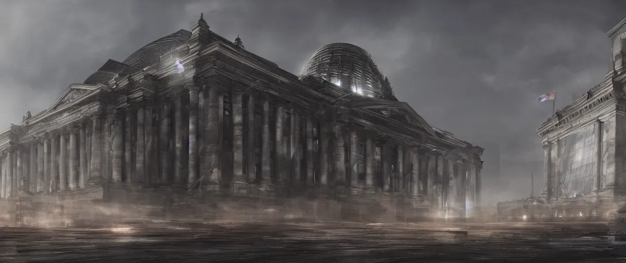 Image similar to dystopian reichstag Germany, futuristic digital painting, concept art, volumetric lighting, warm lighting, trending on artstation, high detail, sci fi, gothic, vivid colours