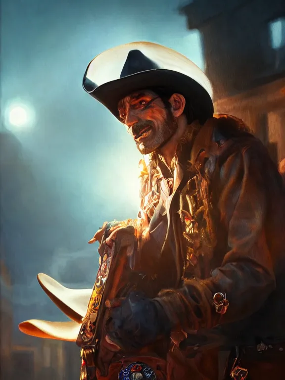 Prompt: beautiful painting of a cowboy vampire gang 8k ultra realistic , lens flare, atmosphere, glow, detailed,intricate, full of colour, cinematic lighting, trending on artstation, 4k, hyperrealistic, focused, extreme details,unreal engine 5, cinematic, masterpiece