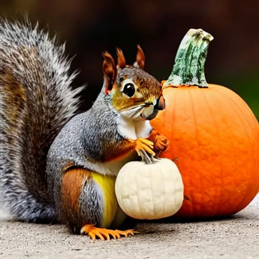 Image similar to squirrel with pumpkin instead of a head