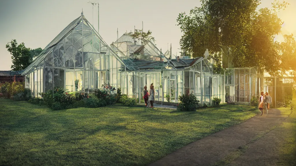 Image similar to ! dream a couple, green house, quiet street, sunset lighting, rim light, hyper realistic, 1 0 5 mm, cinematic frame