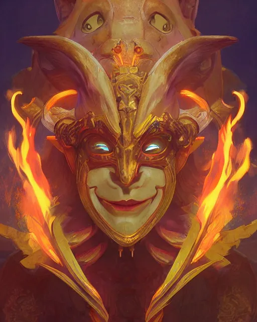 Prompt: happy mask salesman from zelda, full body photo, flames everywhere, highly detailed, digital painting, artstation, concept art, smooth, sharp focus, illustration, art by artgerm and greg rutkowski and alphonse mucha and wlop