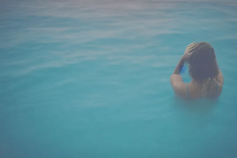 Prompt: colored film photography, tumblr aesthetic, close-up from behind woman swimming in ocean at night, blue light