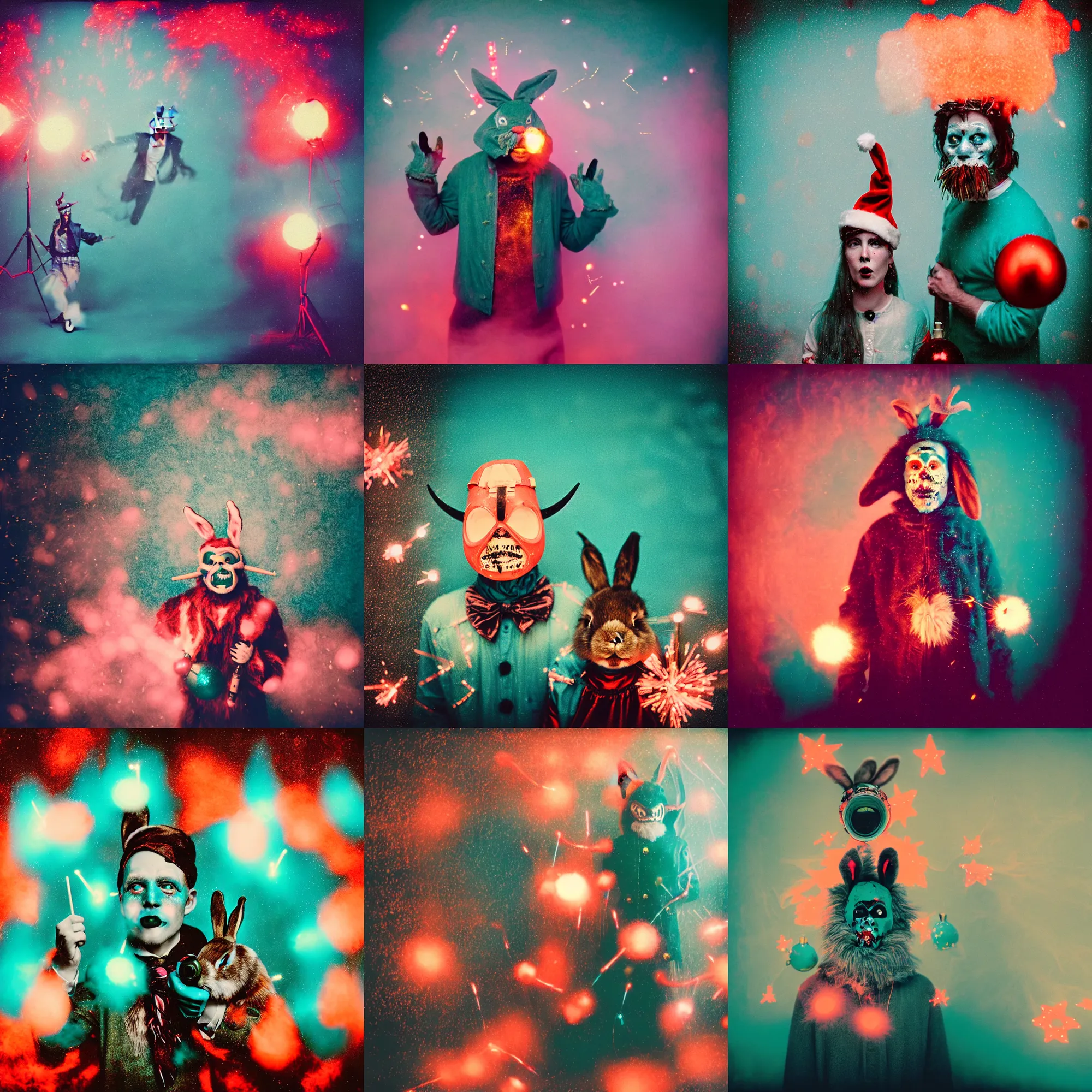 Prompt: kodak portra 4 0 0, wetplate, christmas, teal and orange and pink colours, explosions, rockets, krampus, bunny head, the walking dead, 1 9 1 0 s style, motion blur, portrait photo of a backdrop, bombs, sparkling, fog, by georges melies and by britt marling