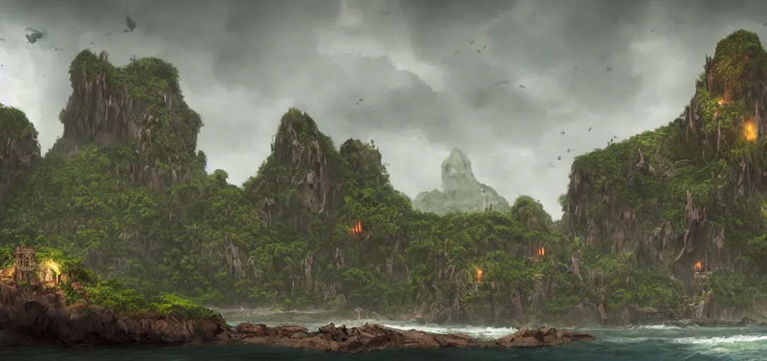 Image similar to skull Island, wooden fortress wall on a tropical island with ruff shore cliffs,landscape, raphael lacoste, eddie mendoza, alex ross, john howe, concept art, matte painting, highly detailed, rule of thirds, dynamic lighting, cinematic, detailed, denoised, centerd, clean render