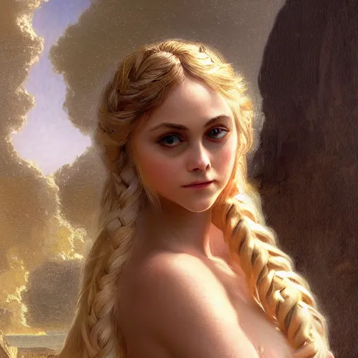 Prompt: annasophia robb as aphrodite, white cloth, long braided blond hair, intricate, highly detailed, digital painting, artstation, concept art, sharp focus, illustration, bouguereau, rutkowski, mucha