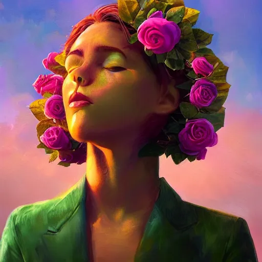 Image similar to closeup, huge rose flower head, frontal, a girl with suit, surreal photography, sunrise, dramatic light, impressionist painting, digital painting, artstation, simon stalenhag