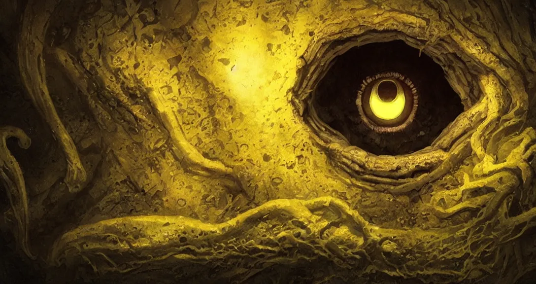 Image similar to an eye inside a mouth of a child with pointed teeth and glowing yellow eyes, nightmare, dark, h. p. lovecraft, portrait, intricate, detailed, volumetric lighting, scenery, digital painting, highly detailed, artstation, sharp focus, illustration, concept art, art by artgerm and greg rutkowski